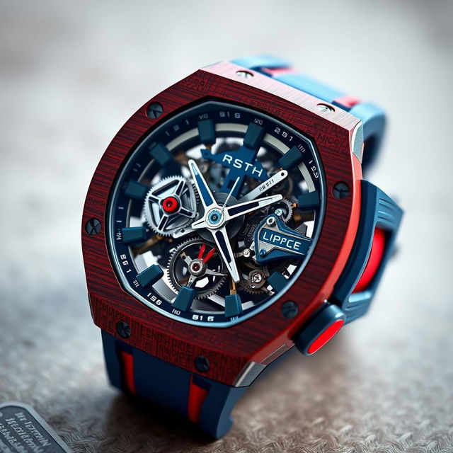 A realistic depiction of a luxury Richard Mille watch featuring a striking red and blue color scheme