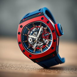 A realistic depiction of a luxury Richard Mille watch featuring a striking red and blue color scheme