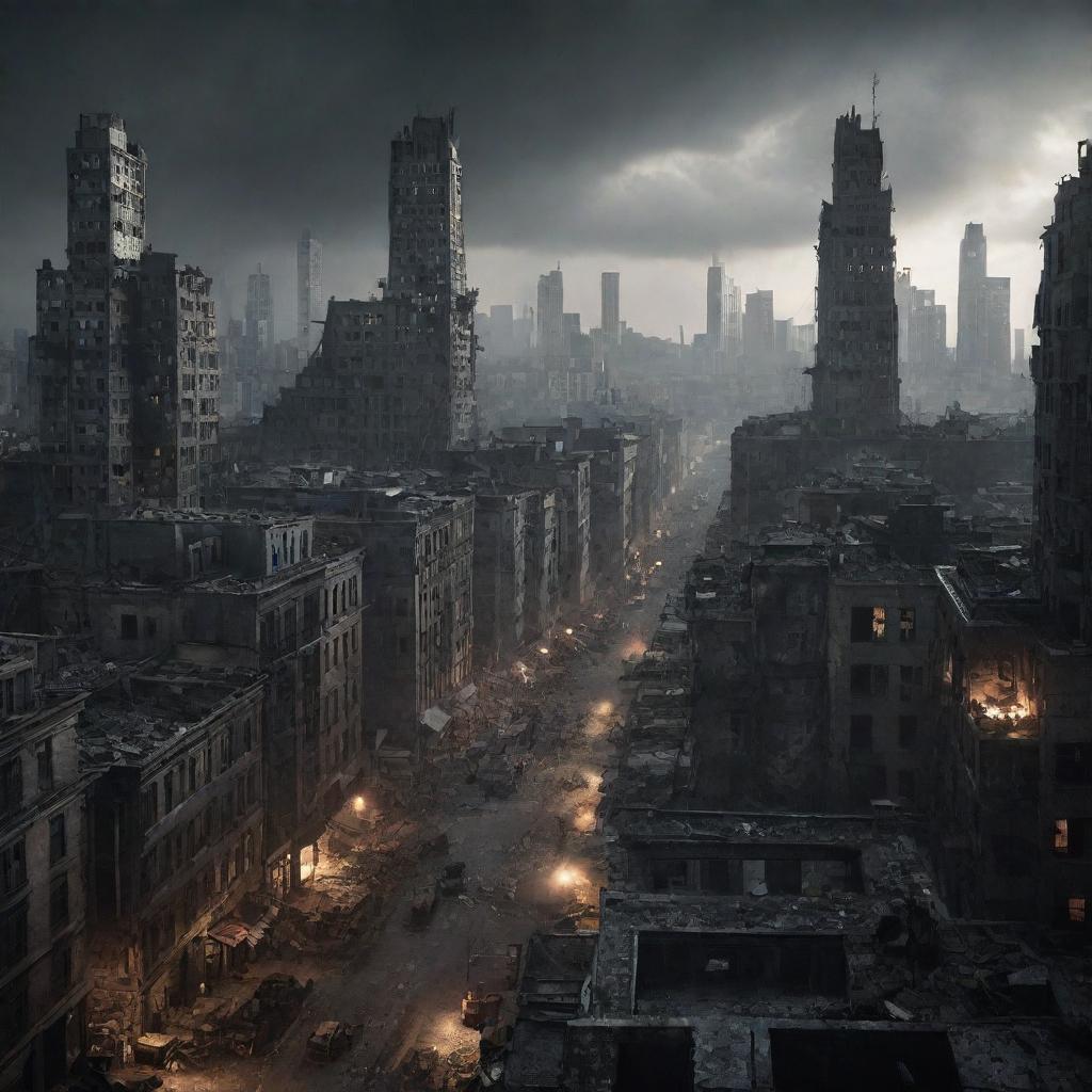 An intense scene of a sprawling cityscape suddenly plunged into the chaos of warfare. Buildings once shimmering with lights now cast ominous shadows as the city's inhabitants navigate the upheaval, the city transformed into a battleground.