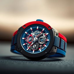 A realistic depiction of a luxury Richard Mille watch featuring a striking red and blue color scheme