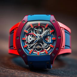 A realistic depiction of a luxury Richard Mille watch featuring a striking red and blue color scheme