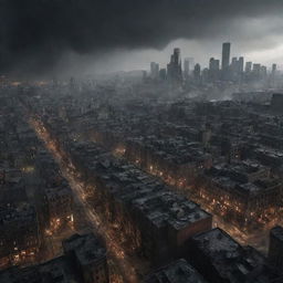 An intense scene of a sprawling cityscape suddenly plunged into the chaos of warfare. Buildings once shimmering with lights now cast ominous shadows as the city's inhabitants navigate the upheaval, the city transformed into a battleground.