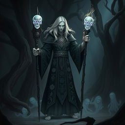 A humanoid necromancer standing confidently in a dark, mystical forest