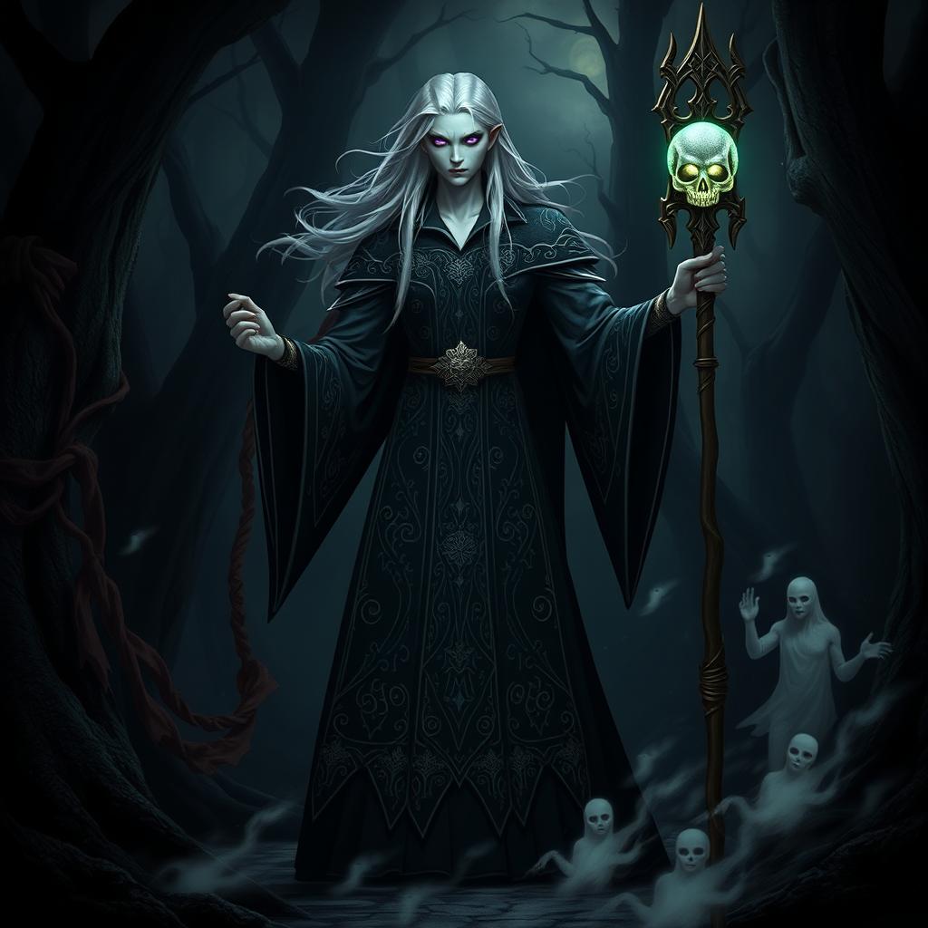 A humanoid necromancer standing confidently in a dark, mystical forest