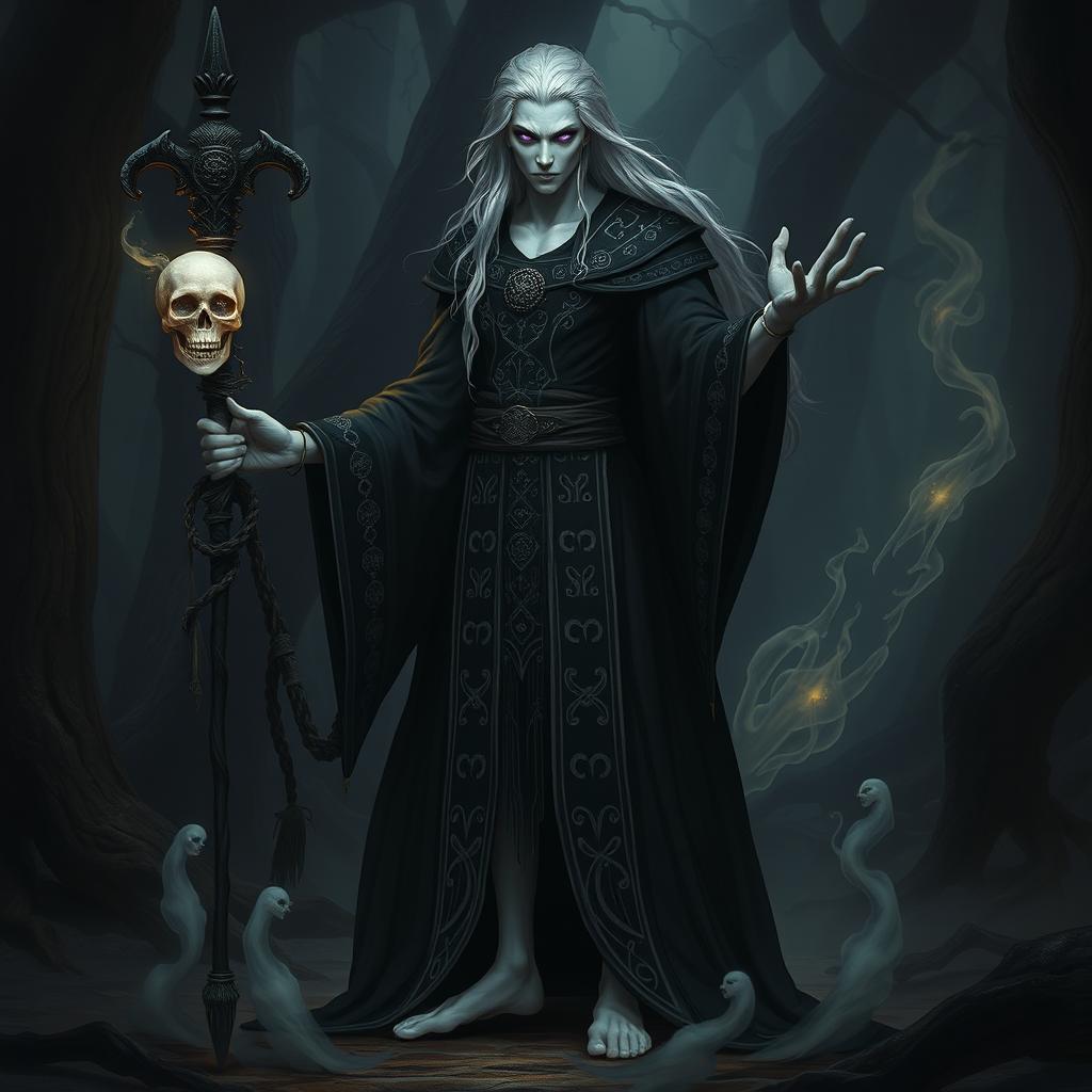 A humanoid necromancer standing confidently in a dark, mystical forest