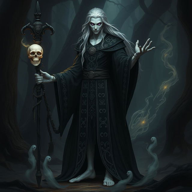 A humanoid necromancer standing confidently in a dark, mystical forest