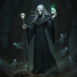 A humanoid necromancer standing confidently in a dark, mystical forest