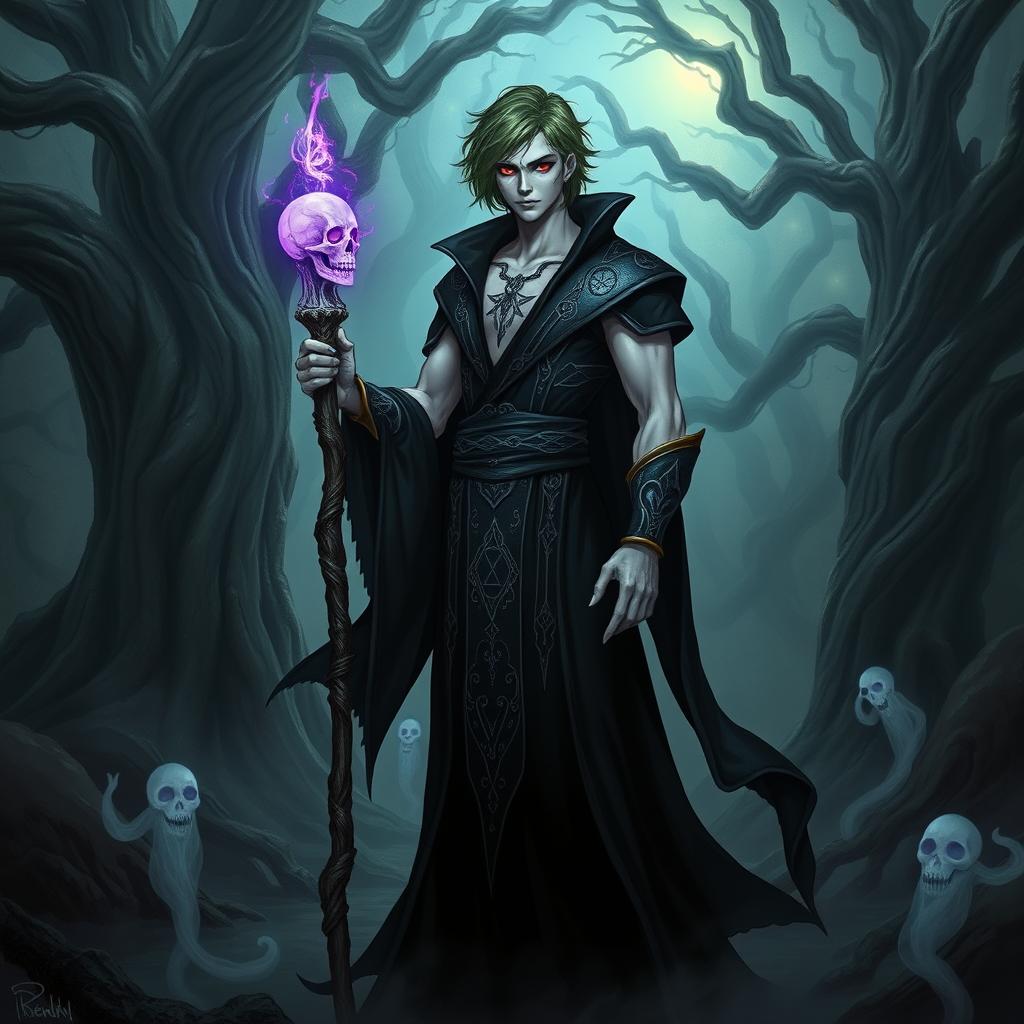 A male humanoid necromancer exuding a powerful aura, standing in a darkly enchanting forest