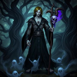 A male humanoid necromancer exuding a powerful aura, standing in a darkly enchanting forest