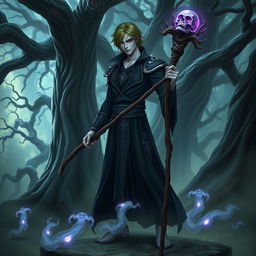 A male humanoid necromancer exuding a powerful aura, standing in a darkly enchanting forest