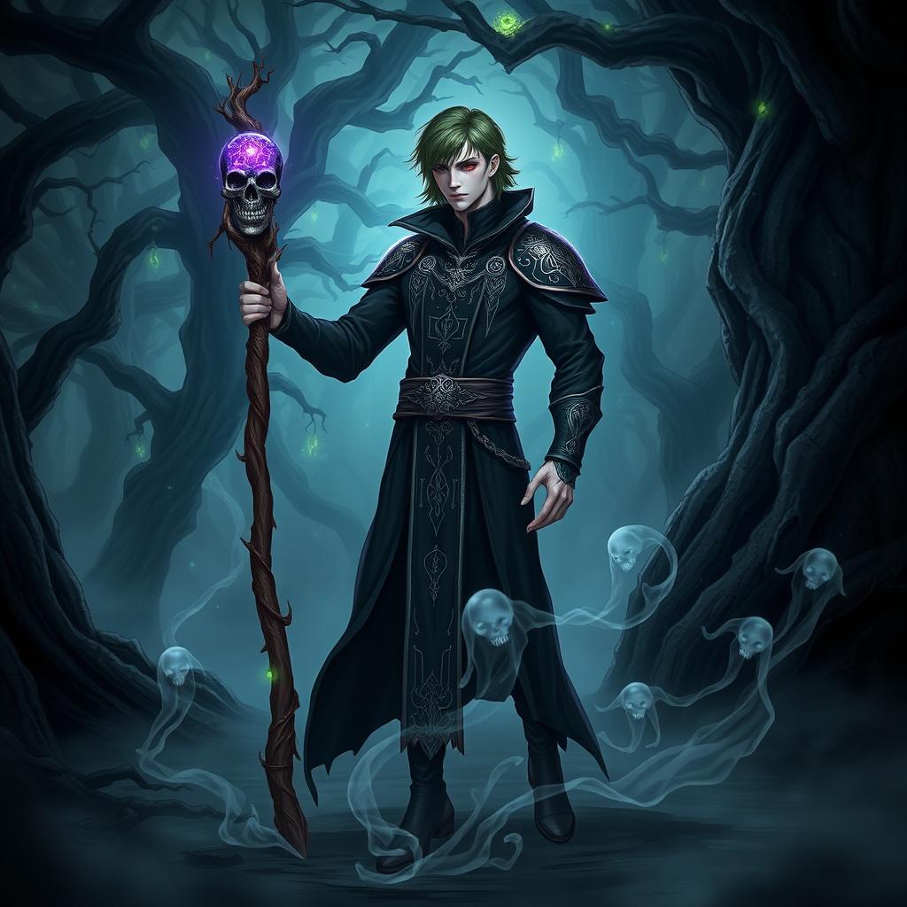 A male humanoid necromancer exuding a powerful aura, standing in a darkly enchanting forest