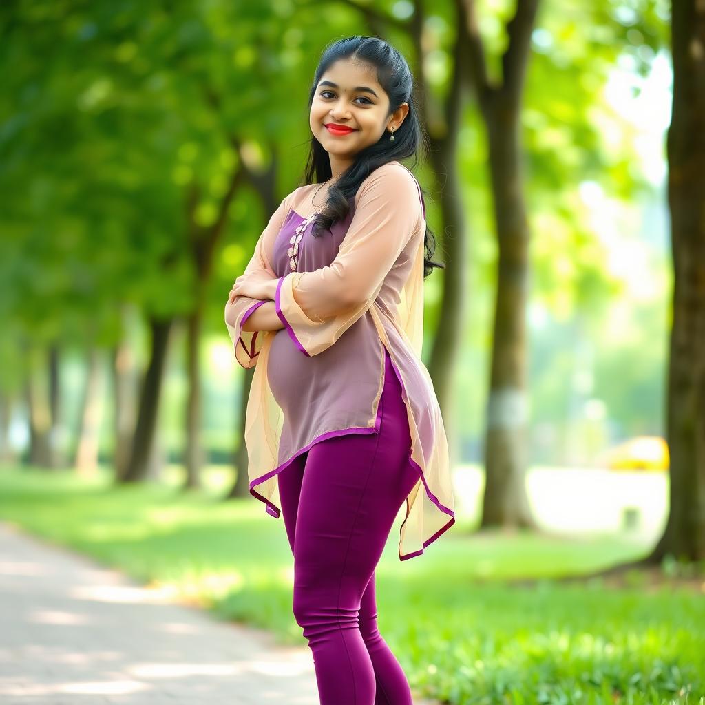 A young Indian Tamil girl dressed in a transparent kurta paired with tight purple leggings, accentuating her curvy figure