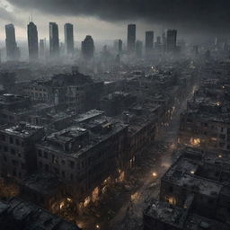 An intense scene of a sprawling cityscape suddenly plunged into the chaos of warfare. Buildings once shimmering with lights now cast ominous shadows as the city's inhabitants navigate the upheaval, the city transformed into a battleground.