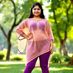 A young Indian Tamil girl dressed in a transparent kurta paired with tight purple leggings, accentuating her curvy figure