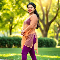 A young Indian Tamil girl dressed in a transparent kurta paired with tight purple leggings, accentuating her curvy figure