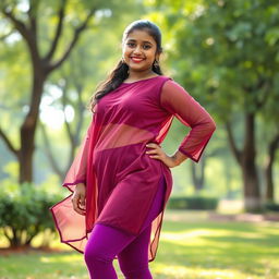 A young Indian Tamil girl dressed in a transparent kurta paired with tight purple leggings, accentuating her curvy figure