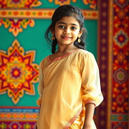 A full-body portrait of a young Indian Tamil girl, dressed in a translucent kurta that elegantly flows over her figure, paired with tight golden leggings that accentuate her silhouette