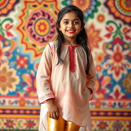 A full-body portrait of a young Indian Tamil girl, dressed in a translucent kurta that elegantly flows over her figure, paired with tight golden leggings that accentuate her silhouette