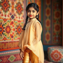 A full-body portrait of a young Indian Tamil girl, dressed in a translucent kurta that elegantly flows over her figure, paired with tight golden leggings that accentuate her silhouette