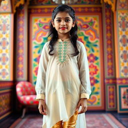 A full-body portrait of a young Indian Tamil girl, dressed in a translucent kurta that elegantly flows over her figure, paired with tight golden leggings that accentuate her silhouette