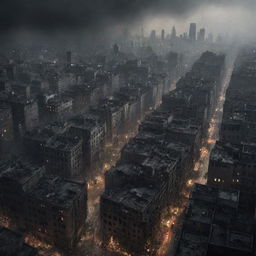 An intense scene of a sprawling cityscape suddenly plunged into the chaos of warfare. Buildings once shimmering with lights now cast ominous shadows as the city's inhabitants navigate the upheaval, the city transformed into a battleground.