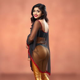 A beautiful Indian Tamil girl standing confidently, wearing a transparent kurta that drapes elegantly over her figure, paired with tight golden leggings that accentuate her legs