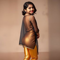 A beautiful Indian Tamil girl standing confidently, wearing a transparent kurta that drapes elegantly over her figure, paired with tight golden leggings that accentuate her legs