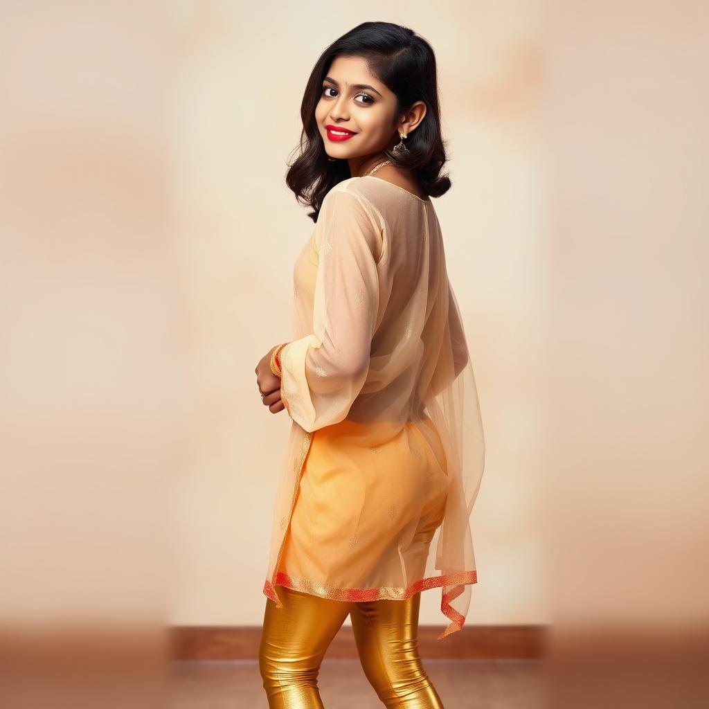 A beautiful Indian Tamil girl standing confidently, wearing a transparent kurta that drapes elegantly over her figure, paired with tight golden leggings that accentuate her legs