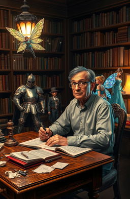 A surreal scene where a writer sits at a vintage wooden desk in a cozy, dimly-lit study, surrounded by books and crumpled papers