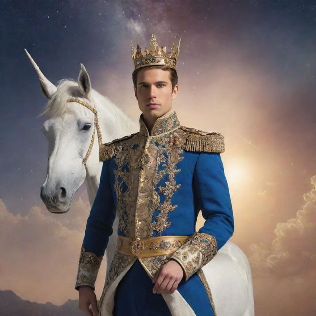 Create an image of a handsome prince named Monoceros Caeli, in regal attire, with a majestic unicorn-themed crown, standing in a serene celestial environment.