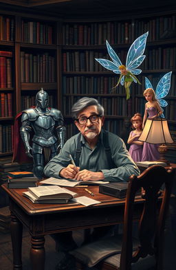 A surreal scene where a writer sits at a vintage wooden desk in a cozy, dimly-lit study, surrounded by books and crumpled papers