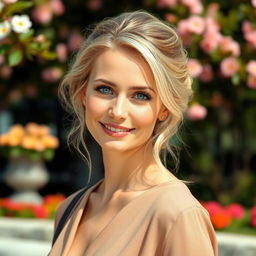 A beautiful Slavic woman with blonde hair, aged around 35 years old