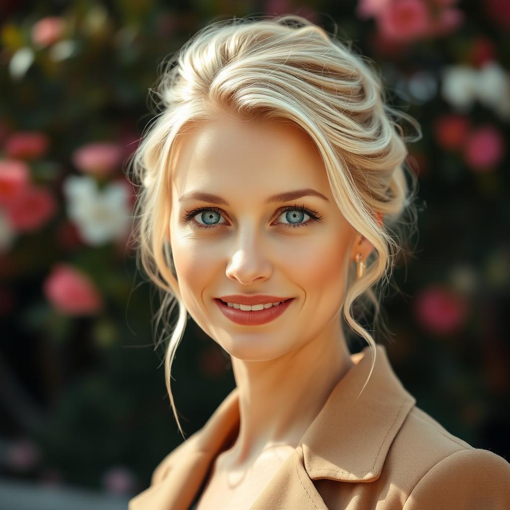 A beautiful Slavic woman with blonde hair, aged around 35 years old