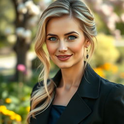 A beautiful Slavic woman with blonde hair, aged around 35 years old