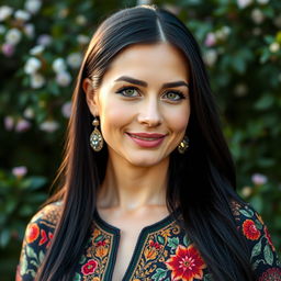 A 35-year-old Slavic woman with long black hair, elegantly styled