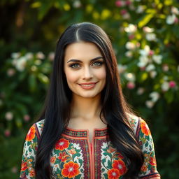 A 35-year-old Slavic woman with long black hair, elegantly styled