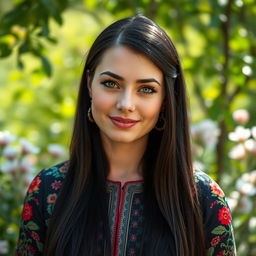 A 35-year-old Slavic woman with long black hair, elegantly styled