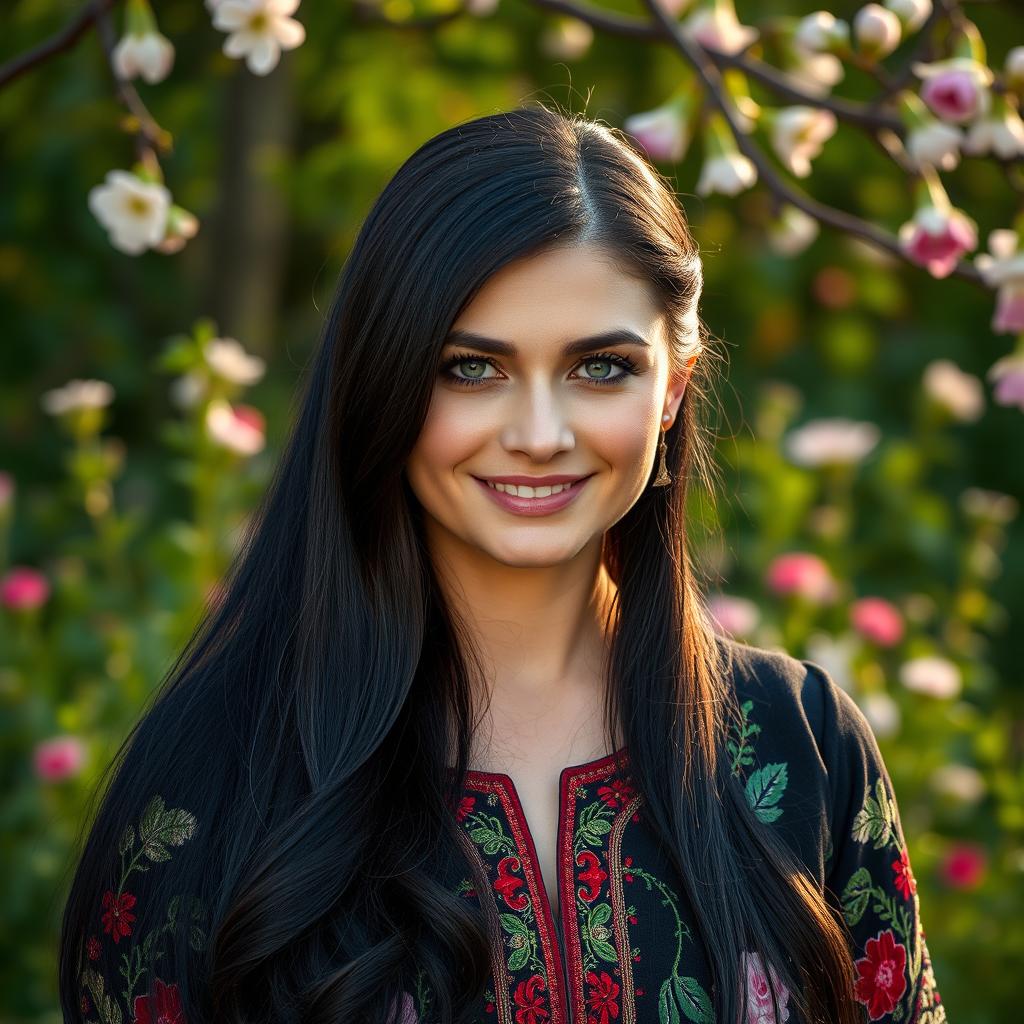 A 35-year-old Slavic woman with long black hair, elegantly styled