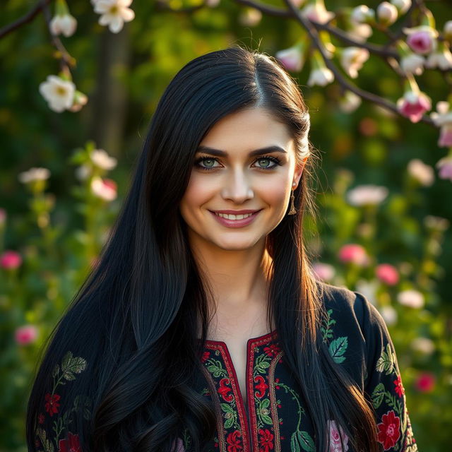 A 35-year-old Slavic woman with long black hair, elegantly styled