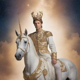 Create an image of a handsome prince named Monoceros Caeli, in regal attire, with a majestic unicorn-themed crown, standing in a serene celestial environment.