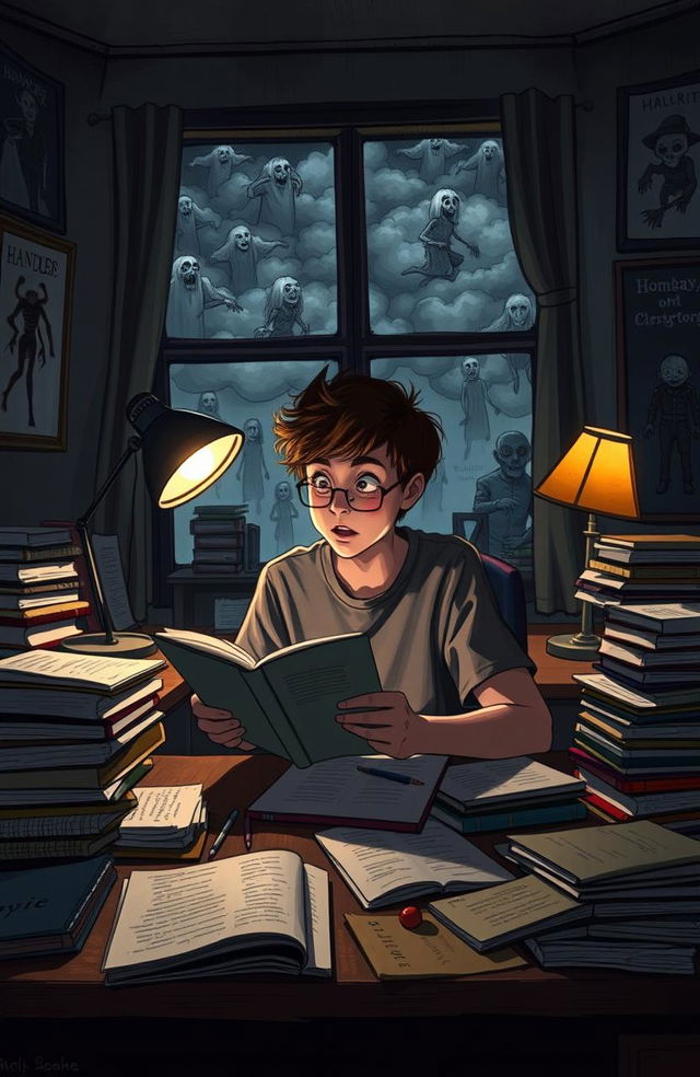 A teenage writer sitting at a cluttered desk, surrounded by notebooks and scattered pages, with an intense look of surprise and excitement on their face as their horror characters emerge from the shadows