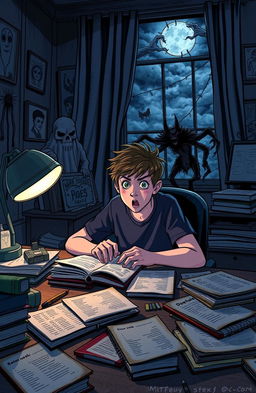 A teenage writer sitting at a cluttered desk, surrounded by notebooks and scattered pages, with an intense look of surprise and excitement on their face as their horror characters emerge from the shadows