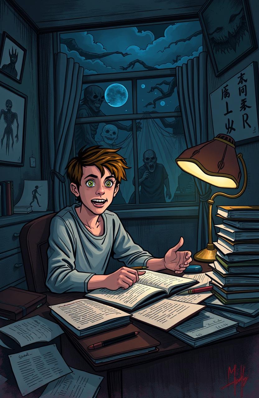 A teenage writer sitting at a cluttered desk, surrounded by notebooks and scattered pages, with an intense look of surprise and excitement on their face as their horror characters emerge from the shadows