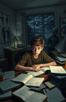 A teenage writer sitting at a cluttered desk, surrounded by notebooks and scattered pages, with an intense look of surprise and excitement on their face as their horror characters emerge from the shadows