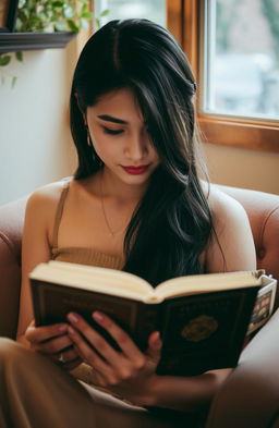 A candid scene featuring a woman engrossed in reading a book