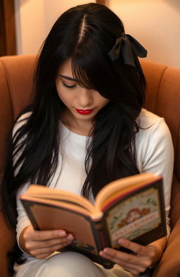 A candid scene featuring a woman engrossed in reading a book