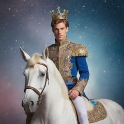 Create an image of a handsome prince named Monoceros Caeli, in regal attire, with a majestic unicorn-themed crown, standing in a serene celestial environment.