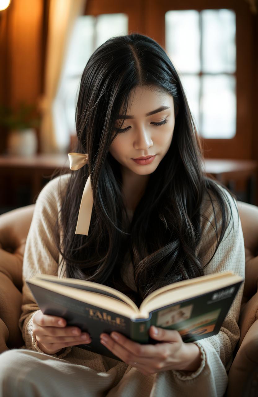 A candid scene featuring a woman engrossed in reading a book