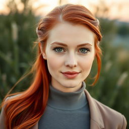 A 25-year-old Slavic woman with striking red hair, facing forward, dressed in stylish contemporary clothing