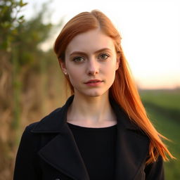 A 25-year-old Slavic woman with striking red hair, facing forward, dressed in stylish contemporary clothing